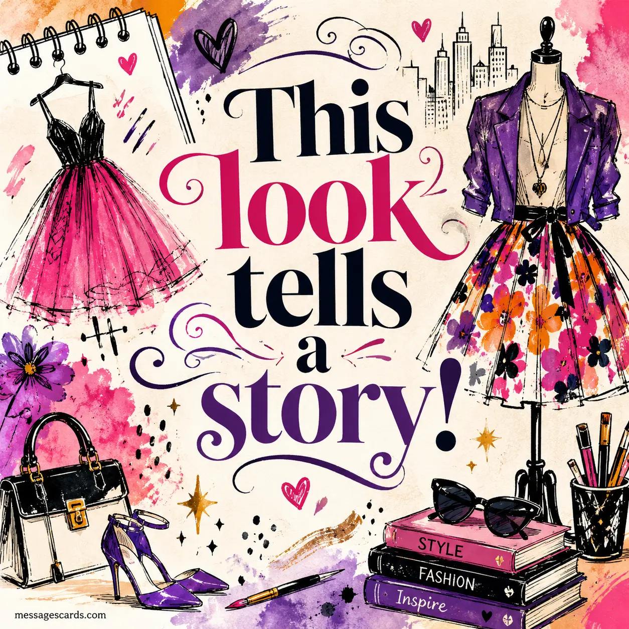 3. Creative fashion storytelling illustration with artistic clothing motifs and expressive design elements representing how personal style can communicate a unique story and personality.