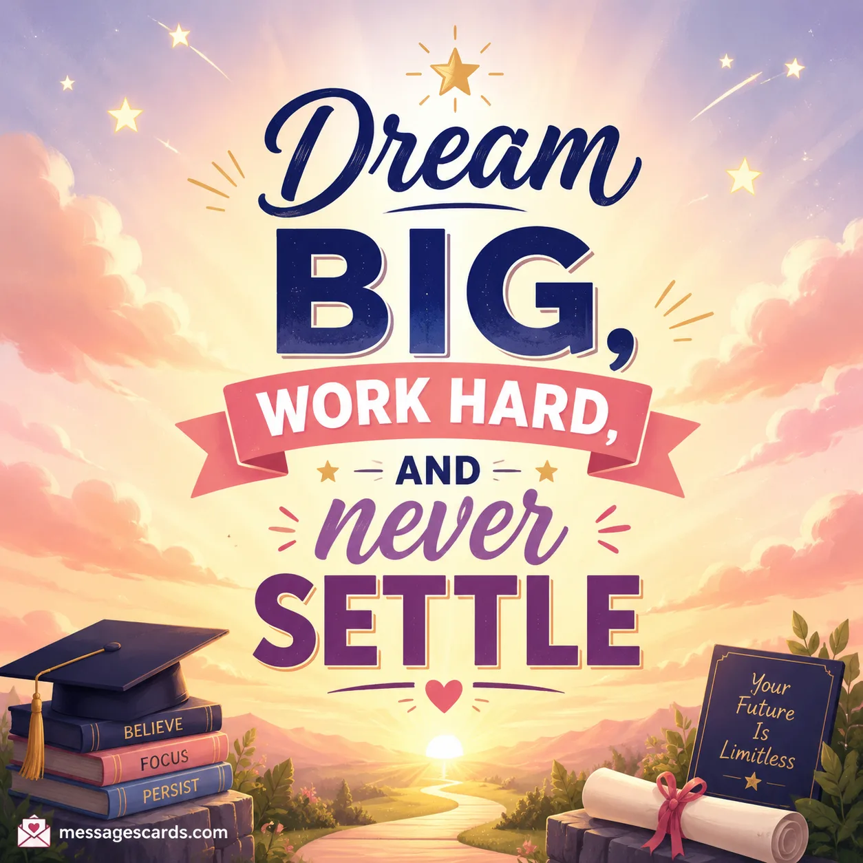 Colorful inspirational graduation quote design featuring motivational text about dreaming big and new beginnings