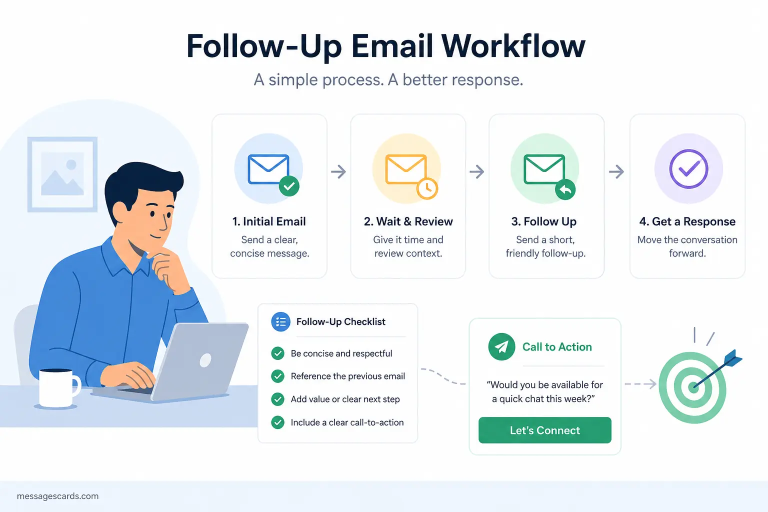 Professional illustrating a concise follow-up email workflow
